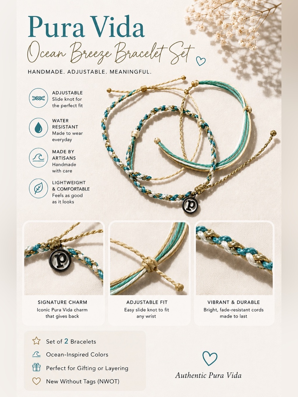 Pura Vida Ocean Breeze Bracelet Set | 2 Bracelets | New Without Tags